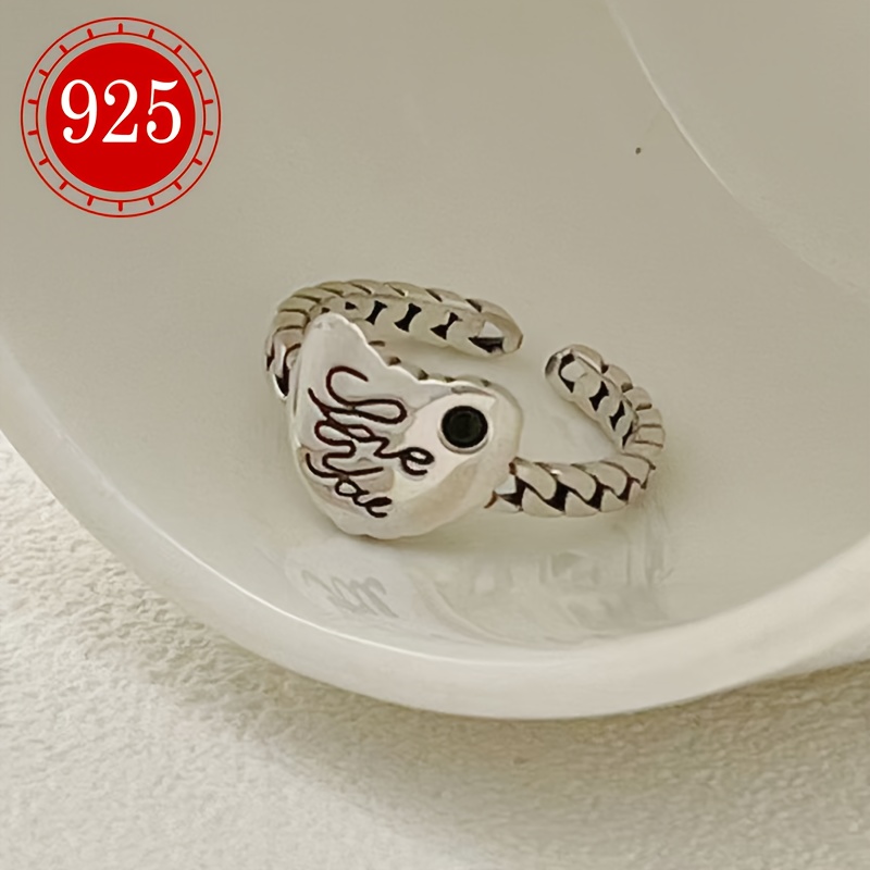 925 Silver Heart Letter Ring Retro Love Chain Finger Ring Tail Ring